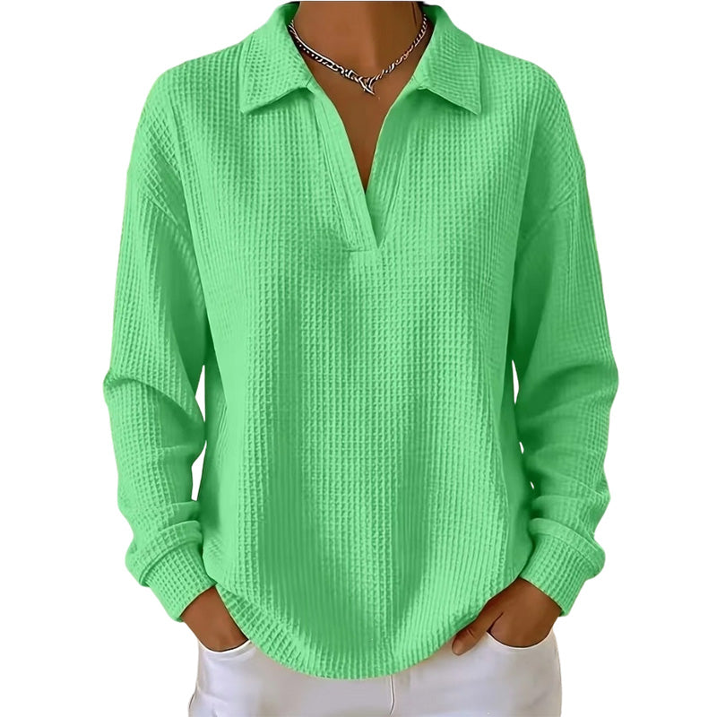 Top donna a coste con scollo a V e maniche lunghe