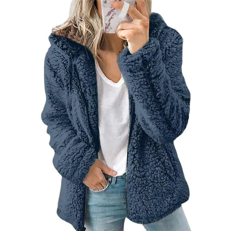 Giacca donna in pile effetto peluche con cappuccio e zip
