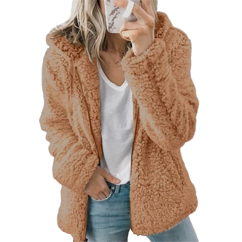 Giacca donna in pile effetto peluche con cappuccio e zip