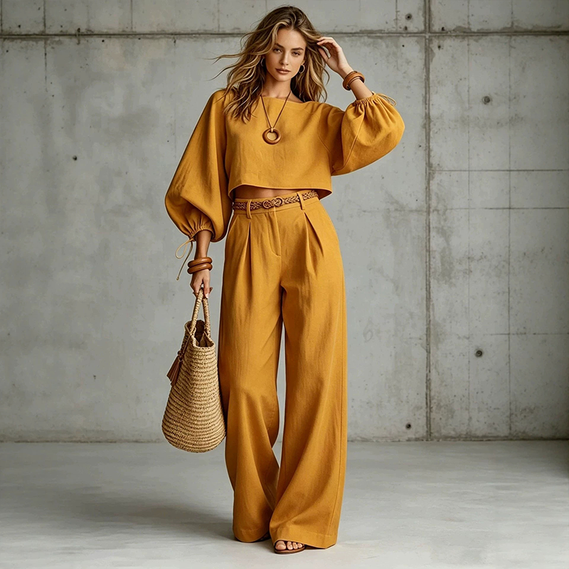 Completo donna due pezzi con top corto e pantaloni larghi