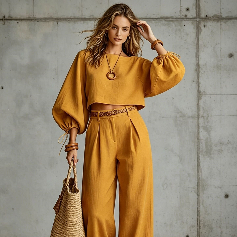 Completo donna due pezzi con top corto e pantaloni larghi