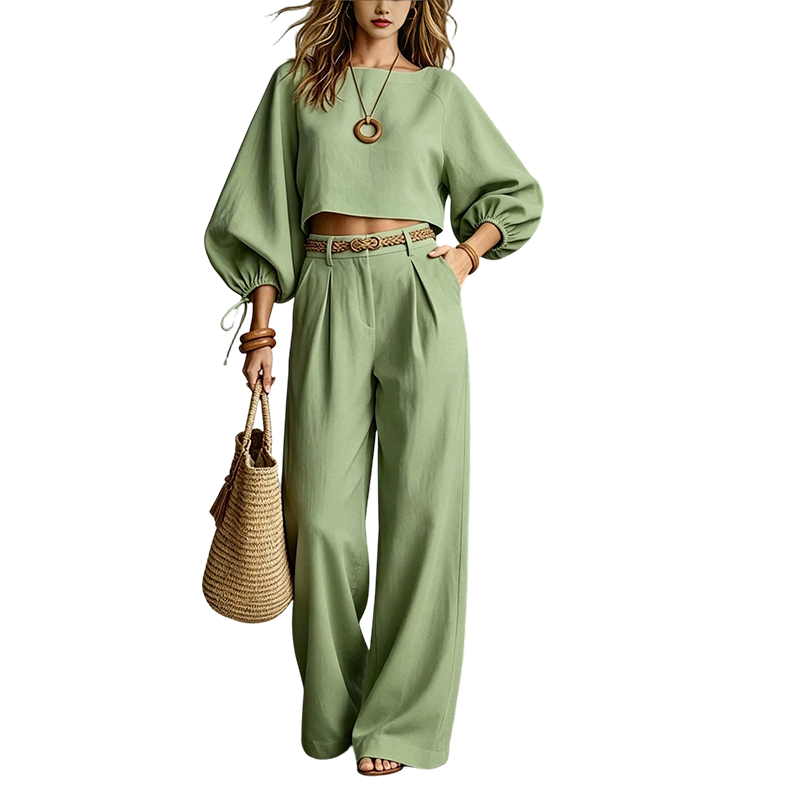 Completo donna due pezzi con top corto e pantaloni larghi