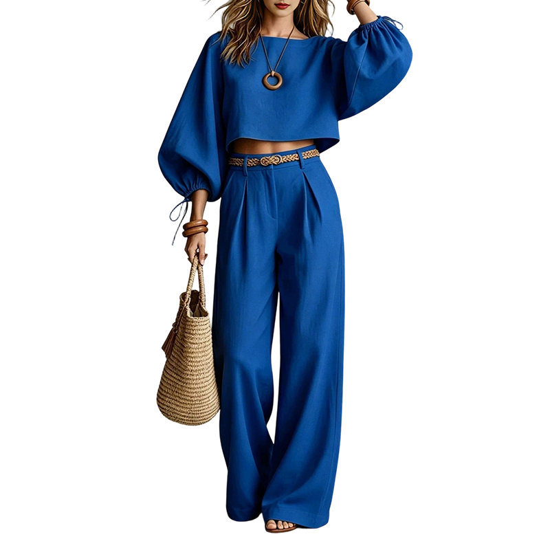 Completo donna due pezzi con top corto e pantaloni larghi