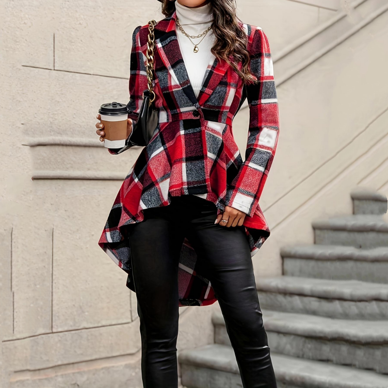 Giacca donna a quadri con peplum e orlo asimmetrico
