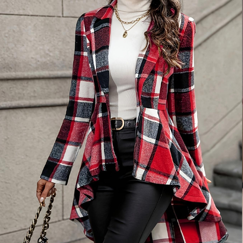 Giacca donna a quadri con peplum e orlo asimmetrico