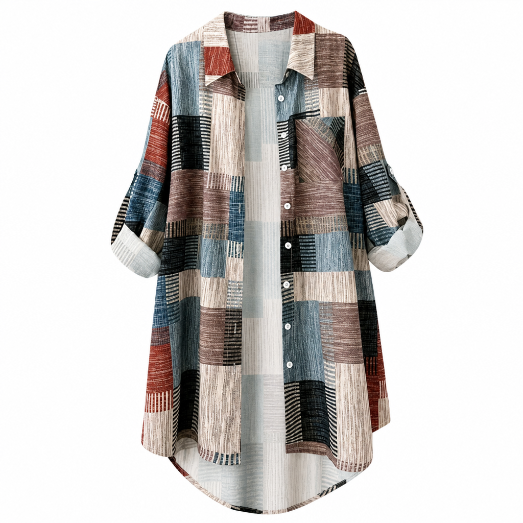 Camicia donna patchwork oversize con bottoni e maniche arrotolabili