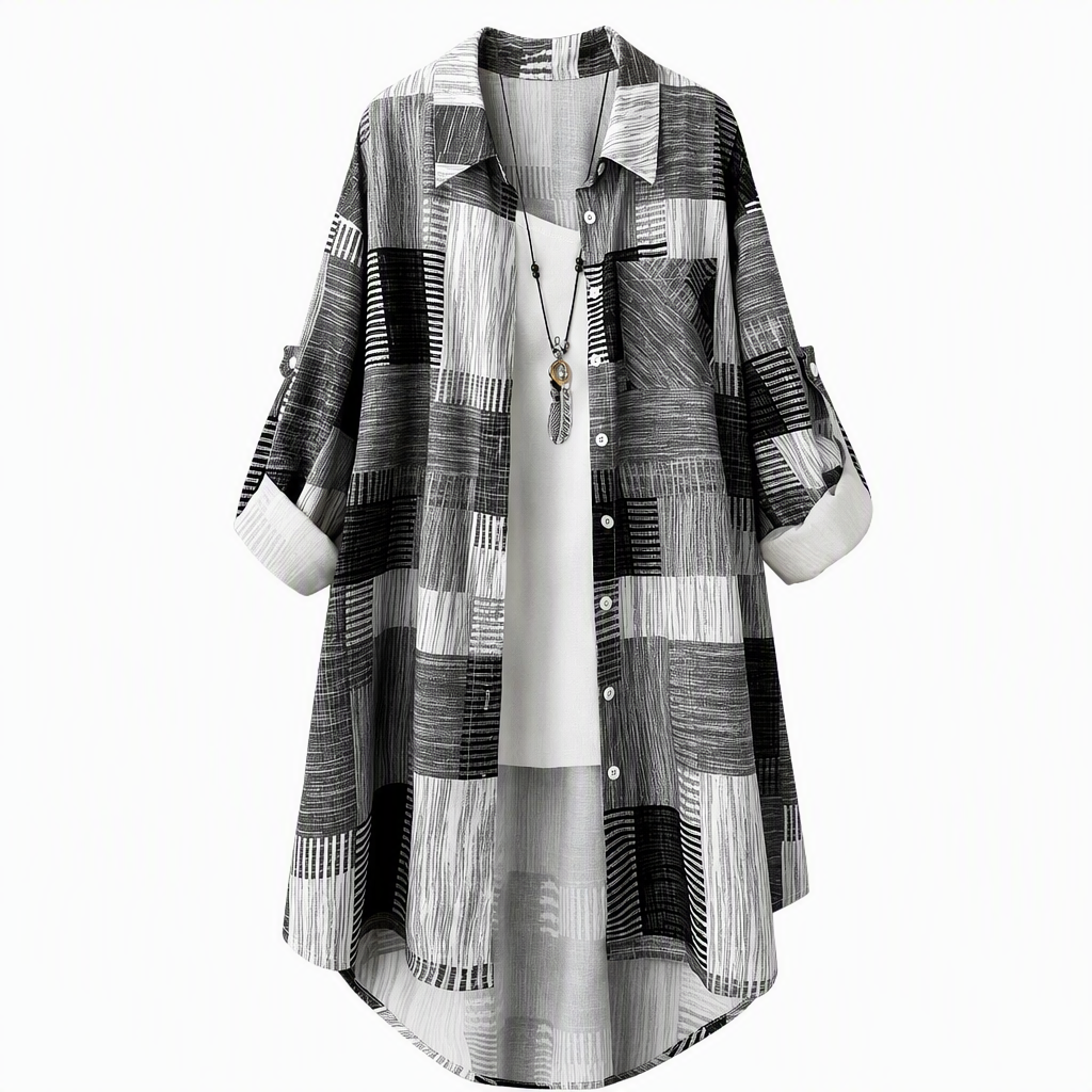 Camicia donna patchwork oversize con bottoni e maniche arrotolabili