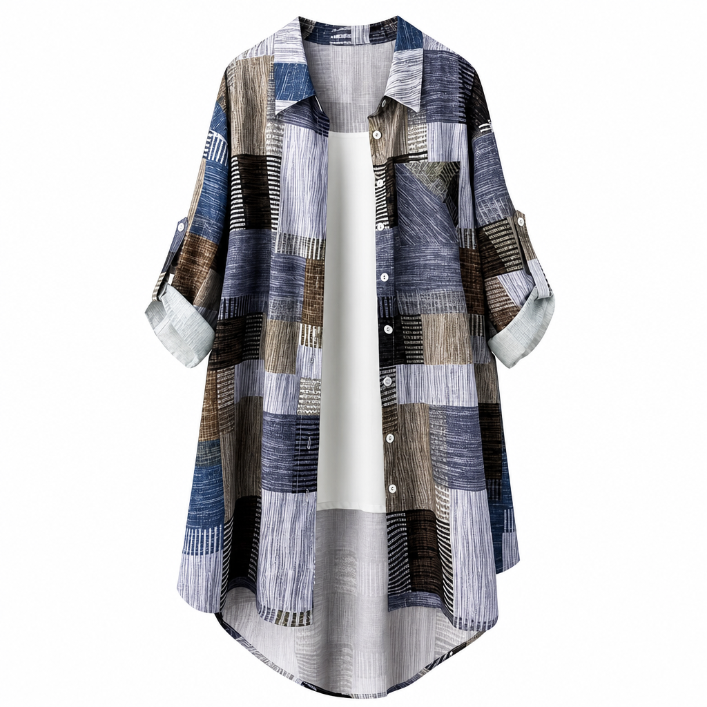 Camicia donna patchwork oversize con bottoni e maniche arrotolabili