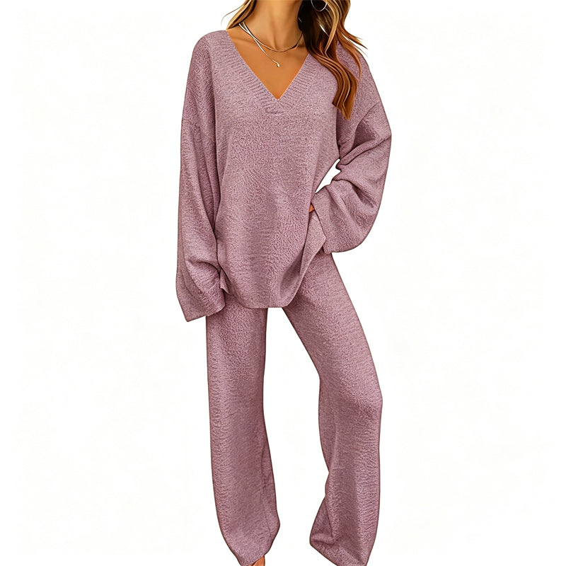 Completo donna in maglia con pullover a V e pantaloni larghi