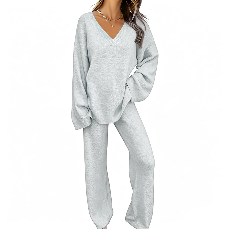 Completo donna in maglia con pullover a V e pantaloni larghi