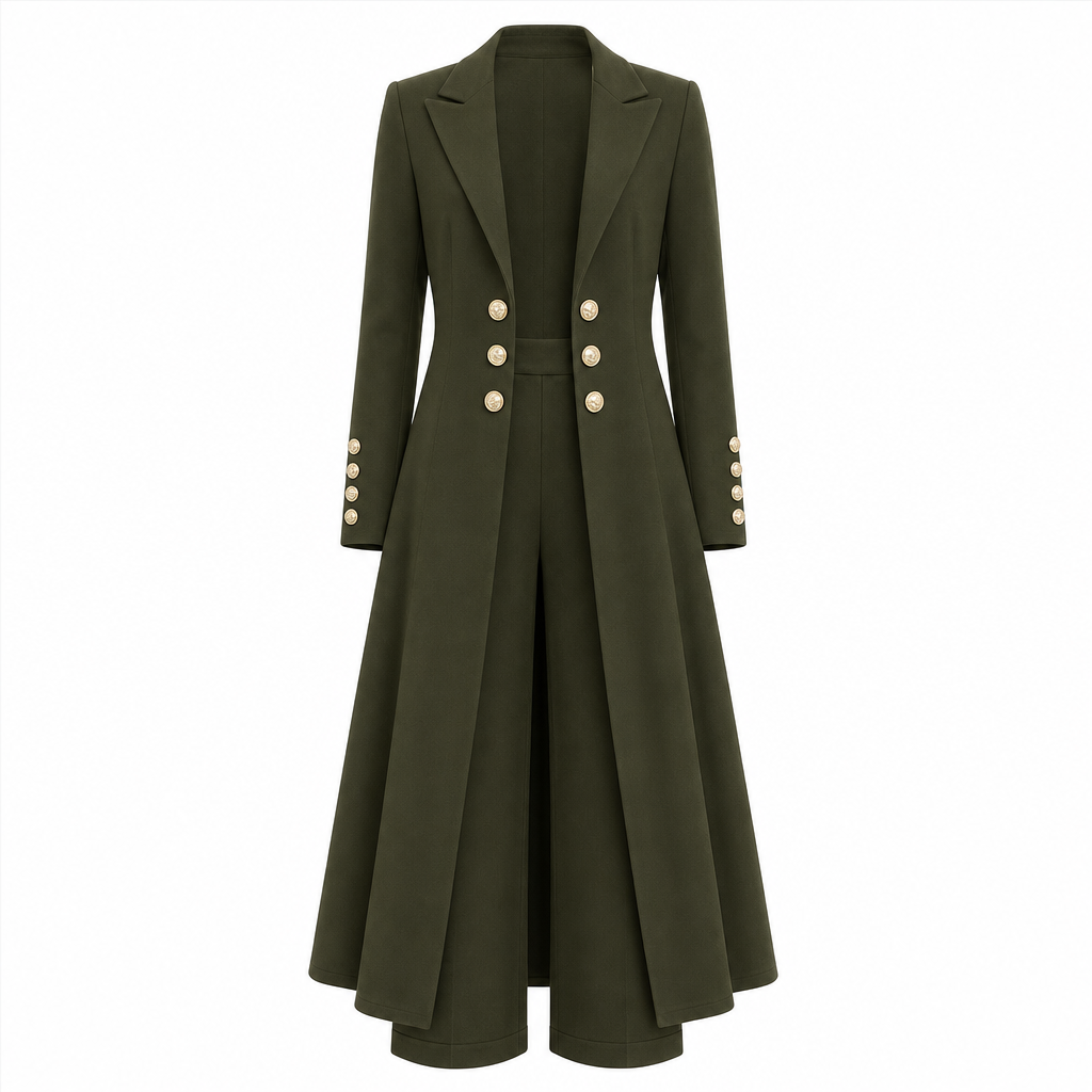 Completo tailleur donna con cappotto lungo e pantaloni dritti