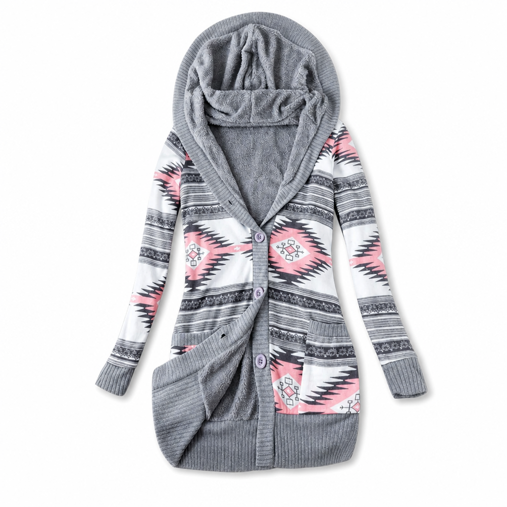 Cardigan lungo donna con cappuccio e motivo jacquard