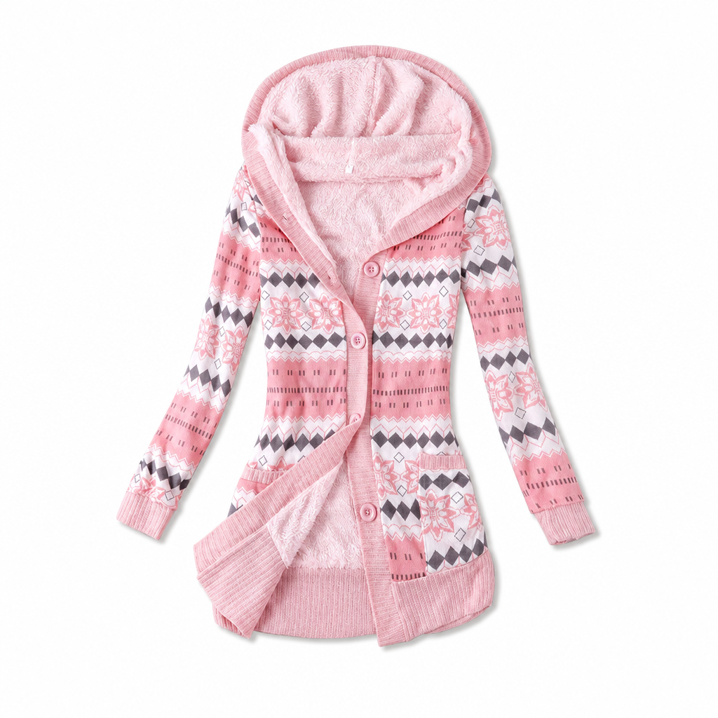 Cardigan lungo donna con cappuccio e motivo jacquard