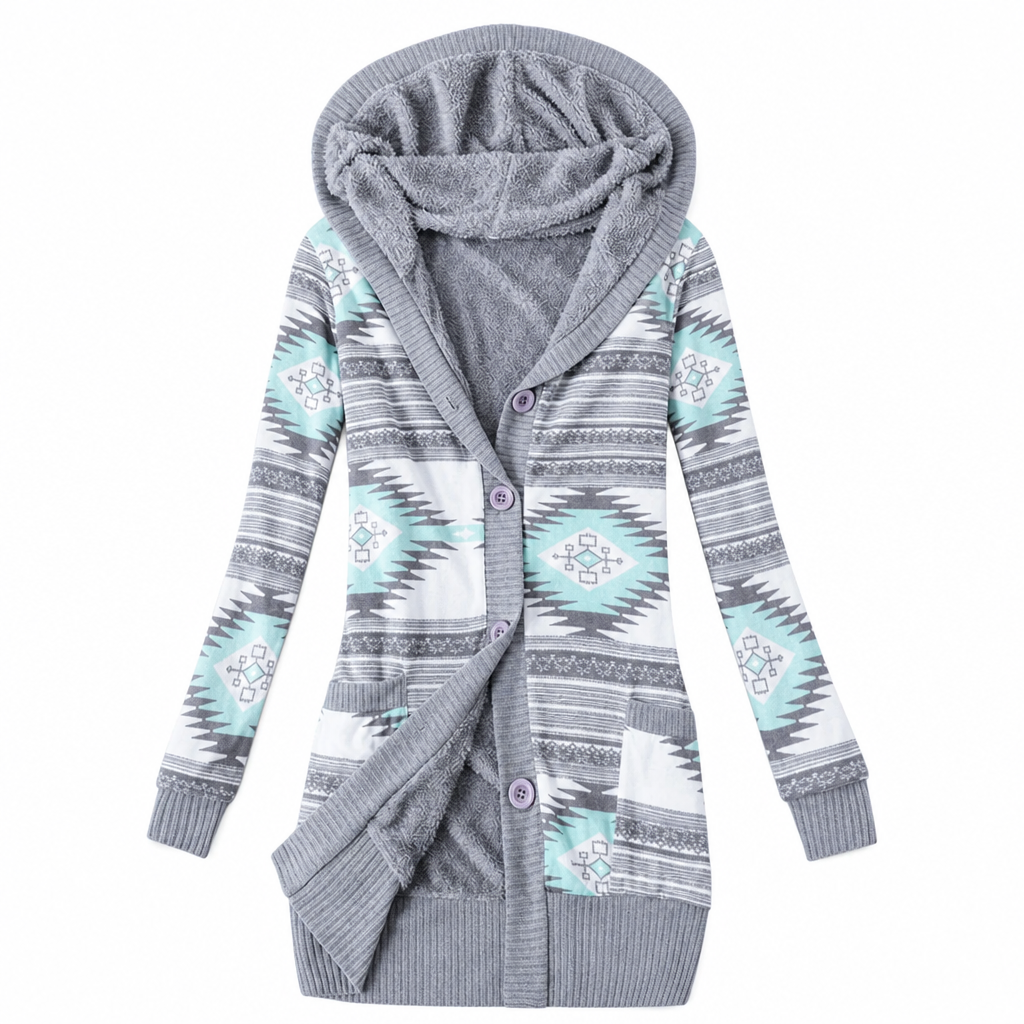 Cardigan lungo donna con cappuccio e motivo jacquard
