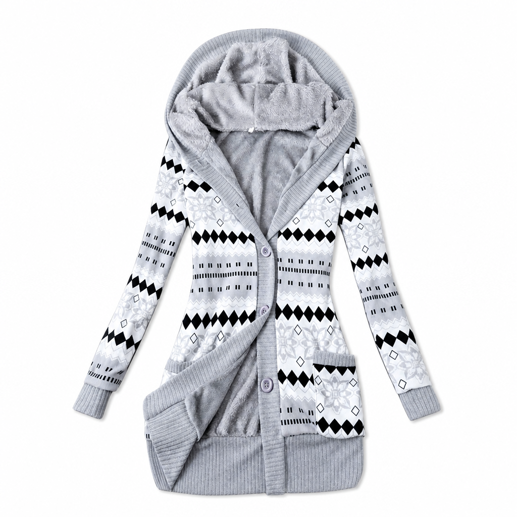 Cardigan lungo donna con cappuccio e motivo jacquard