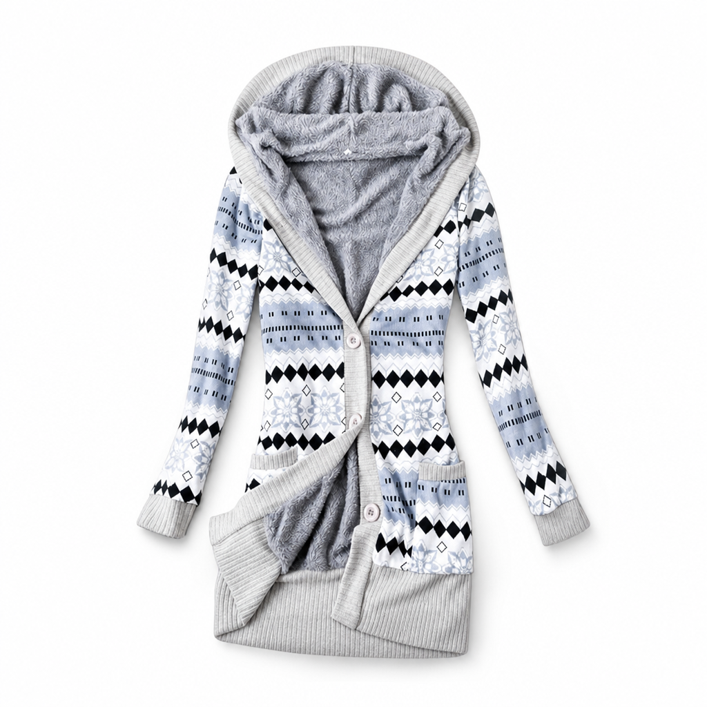 Cardigan lungo donna con cappuccio e motivo jacquard