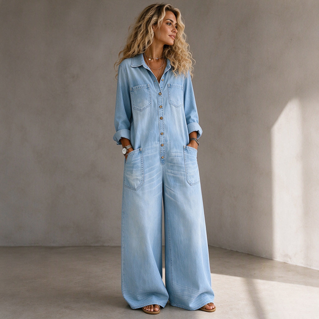 Tuta donna effetto denim con gambe larghe e bottoni