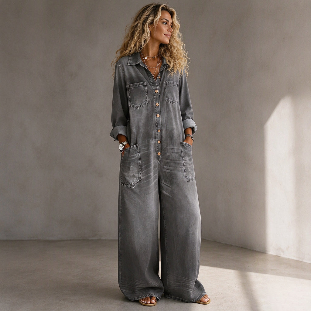 Tuta donna effetto denim con gambe larghe e bottoni