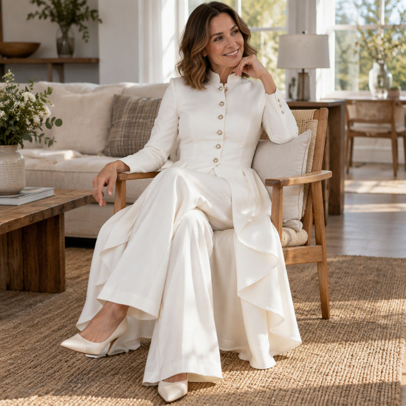 Completo tailleur donna con tunica lunga e pantaloni larghi
