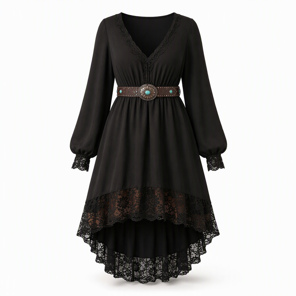 Abito donna asimmetrico con pizzo e scollatura a V