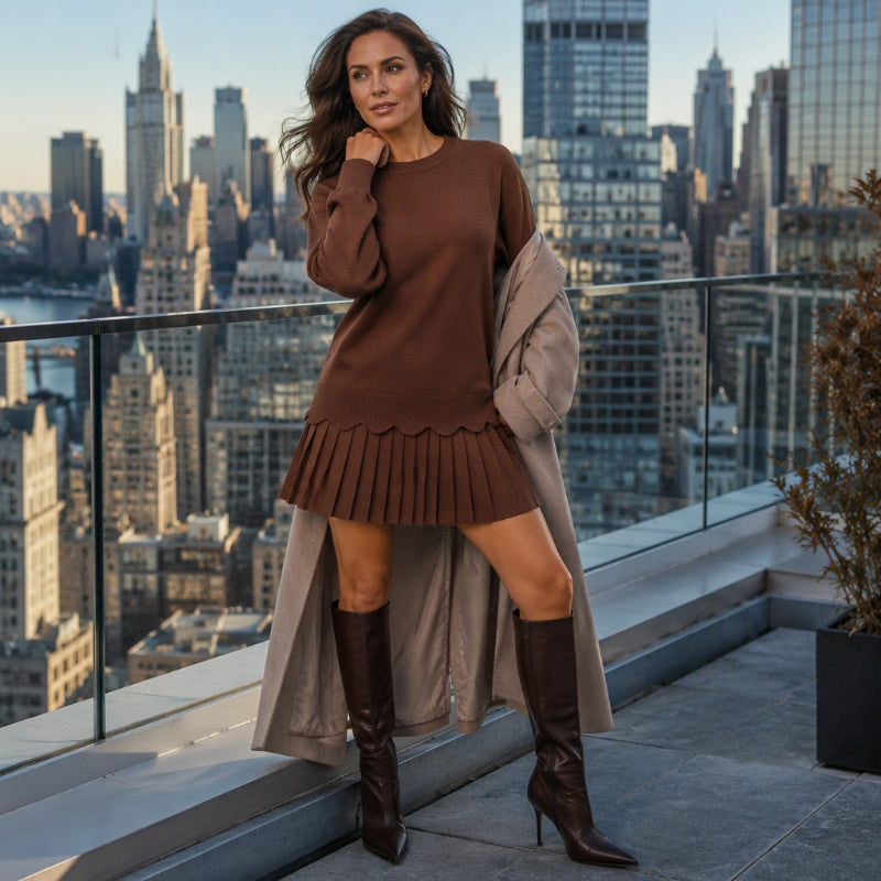 Completo donna in maglia con maglione e gonna plissettata