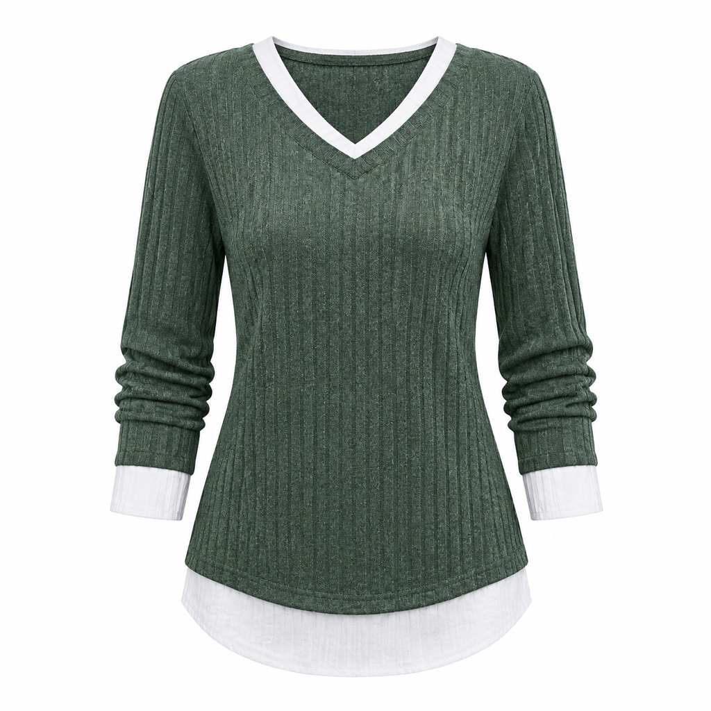 Maglione donna in maglia a coste con effetto sovrapposto