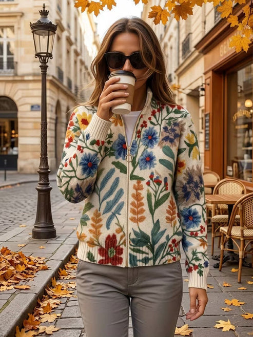 Cardigan donna floreale con zip frontale e collo alto