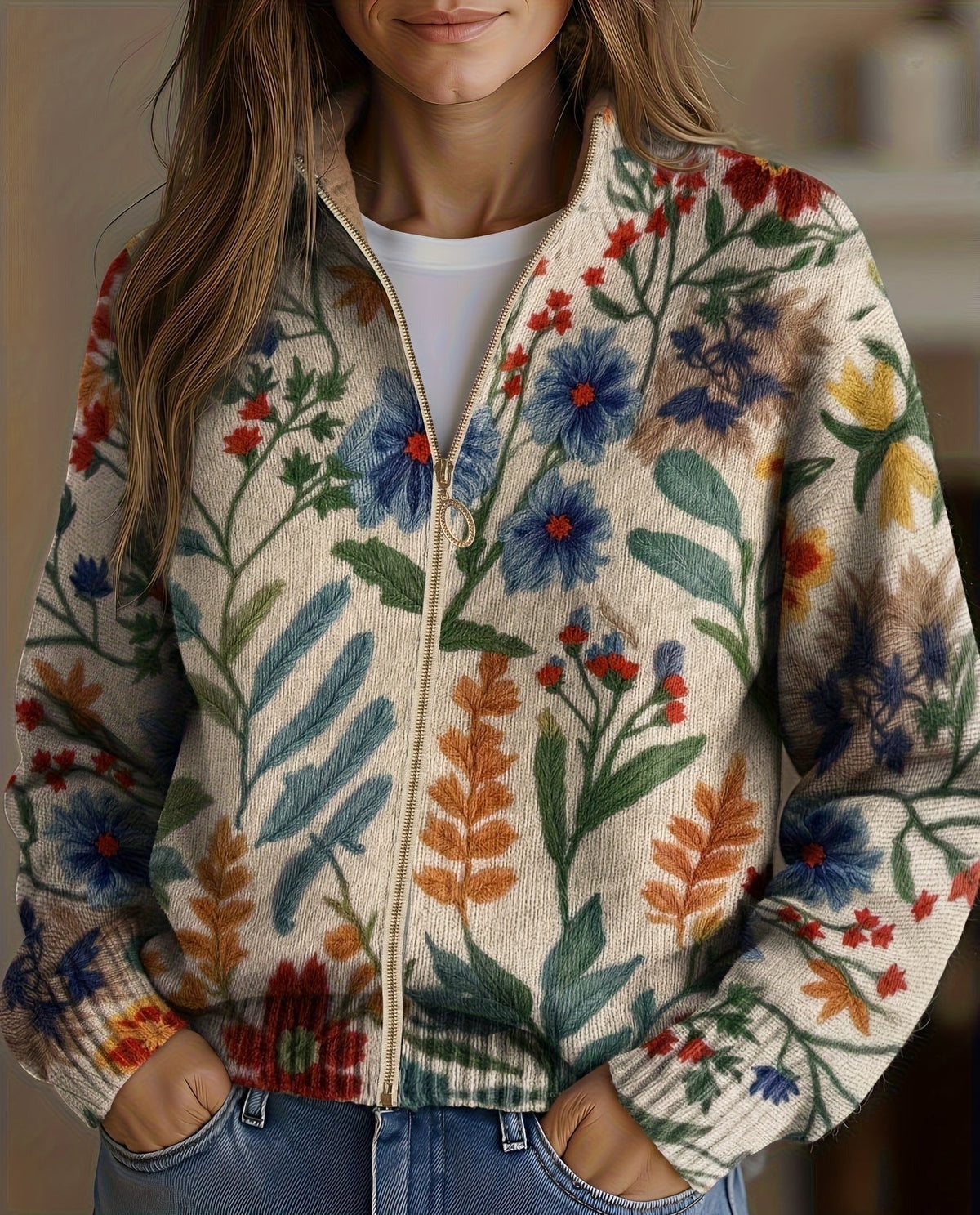 Cardigan donna floreale con zip frontale e collo alto