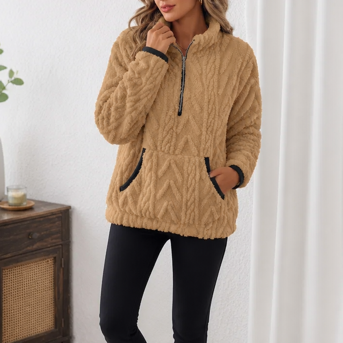 Felpa donna in pile con mezza zip e tasca a marsupio