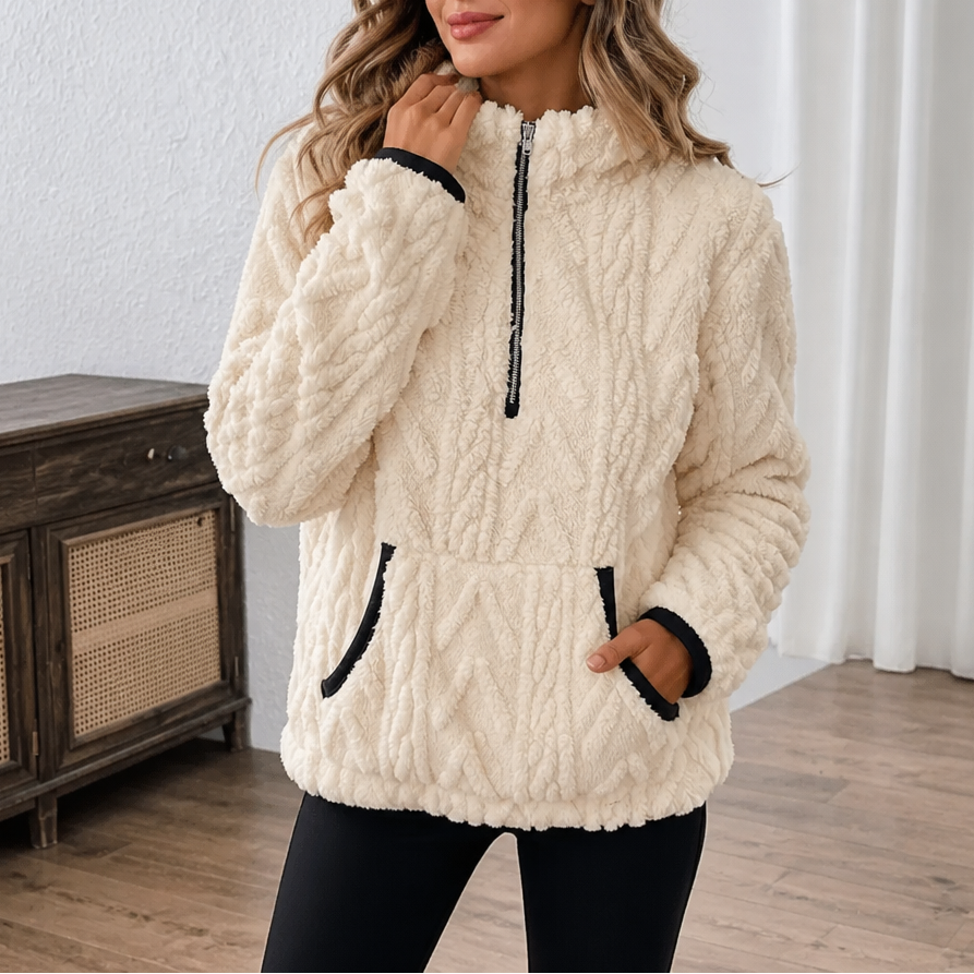 Felpa donna in pile con mezza zip e tasca a marsupio