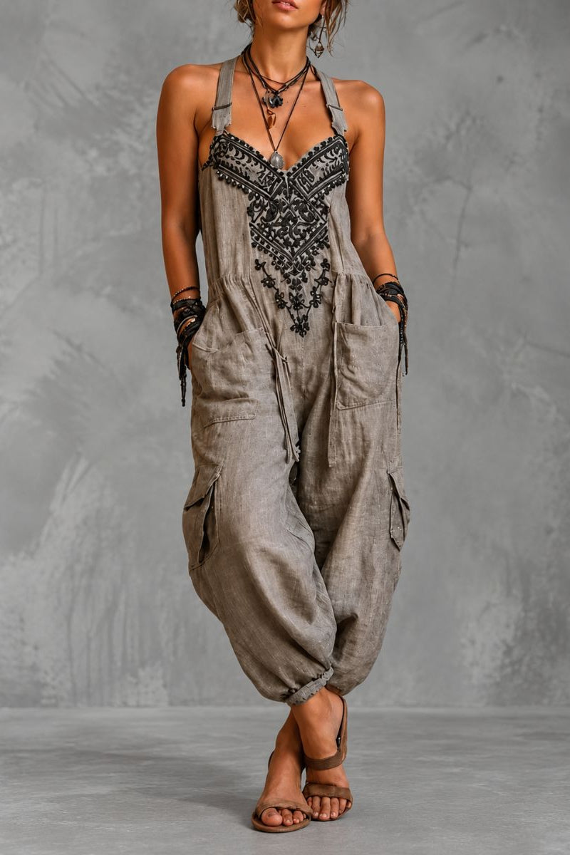 Tuta donna bohemien ricamata con tasche