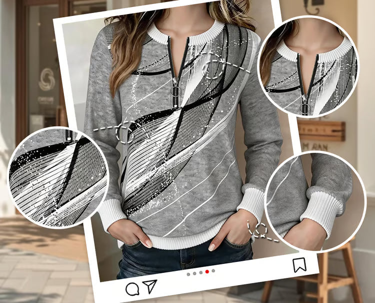 Felpa donna con zip e stampa grafica astratta