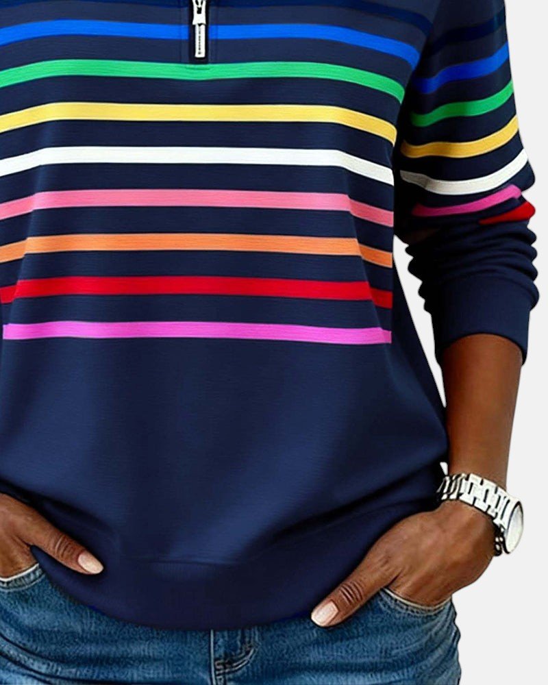 Felpa donna a righe con mezza zip e vestibilità ampia