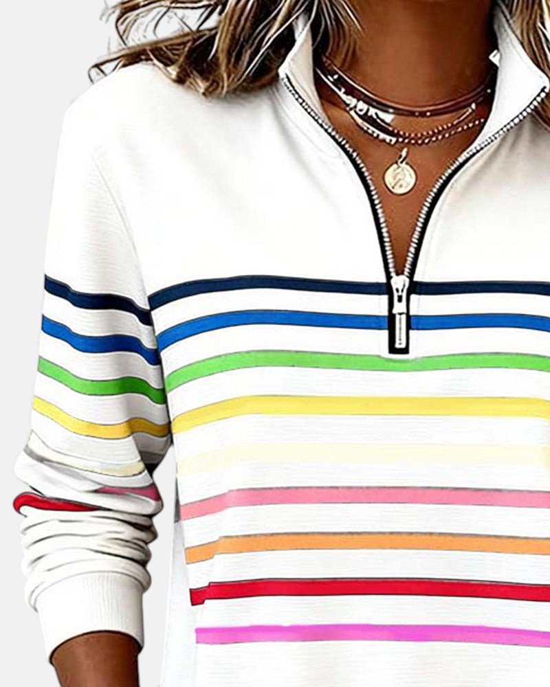 Felpa donna a righe con mezza zip e vestibilità ampia