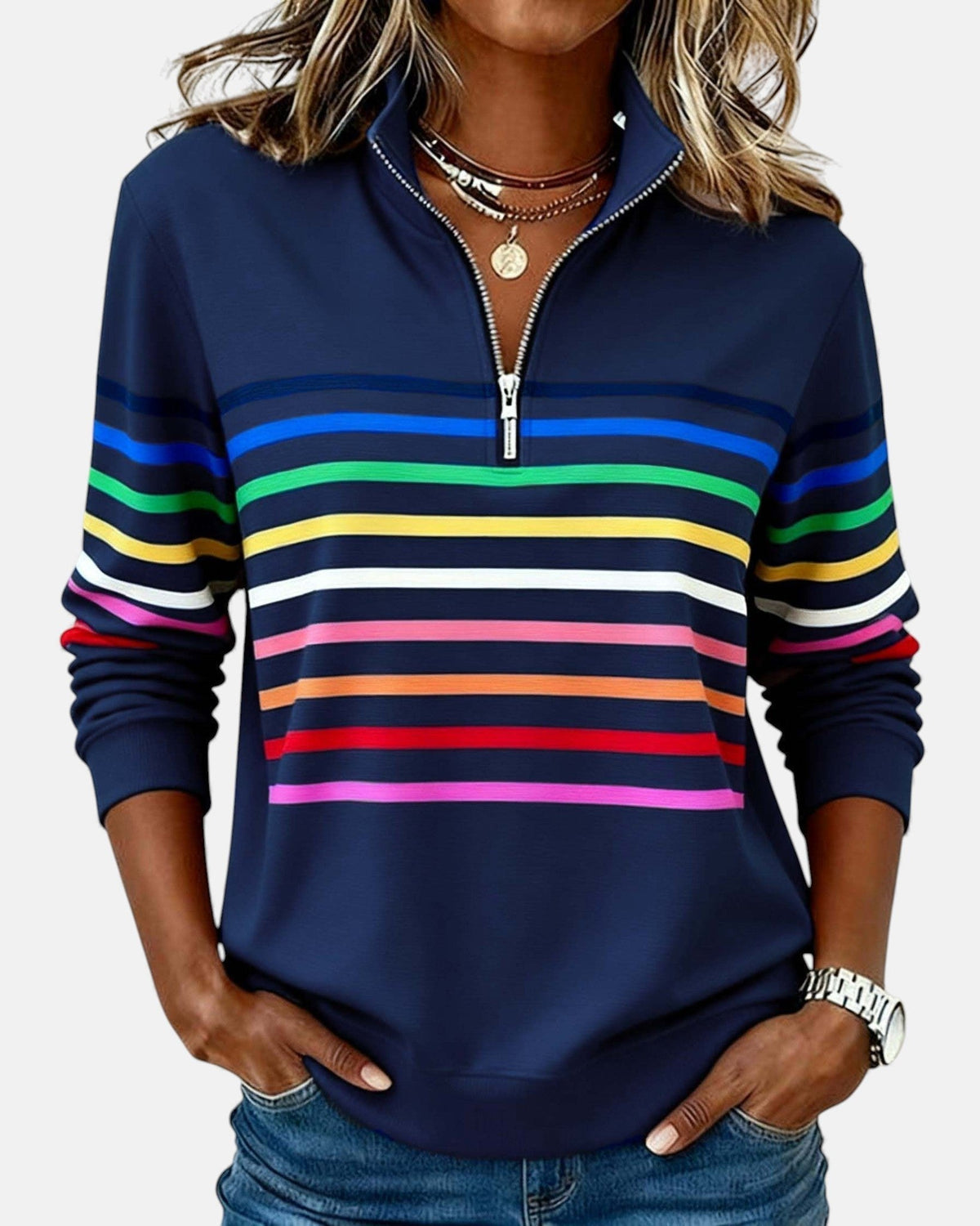 Felpa donna a righe con mezza zip e vestibilità ampia