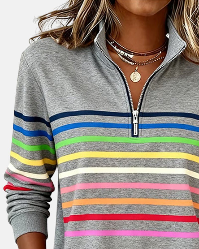 Felpa donna a righe con mezza zip e vestibilità ampia