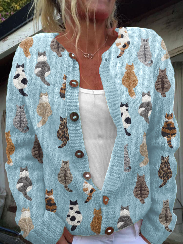 Cardigan donna in maglia con motivo felino e bottoni