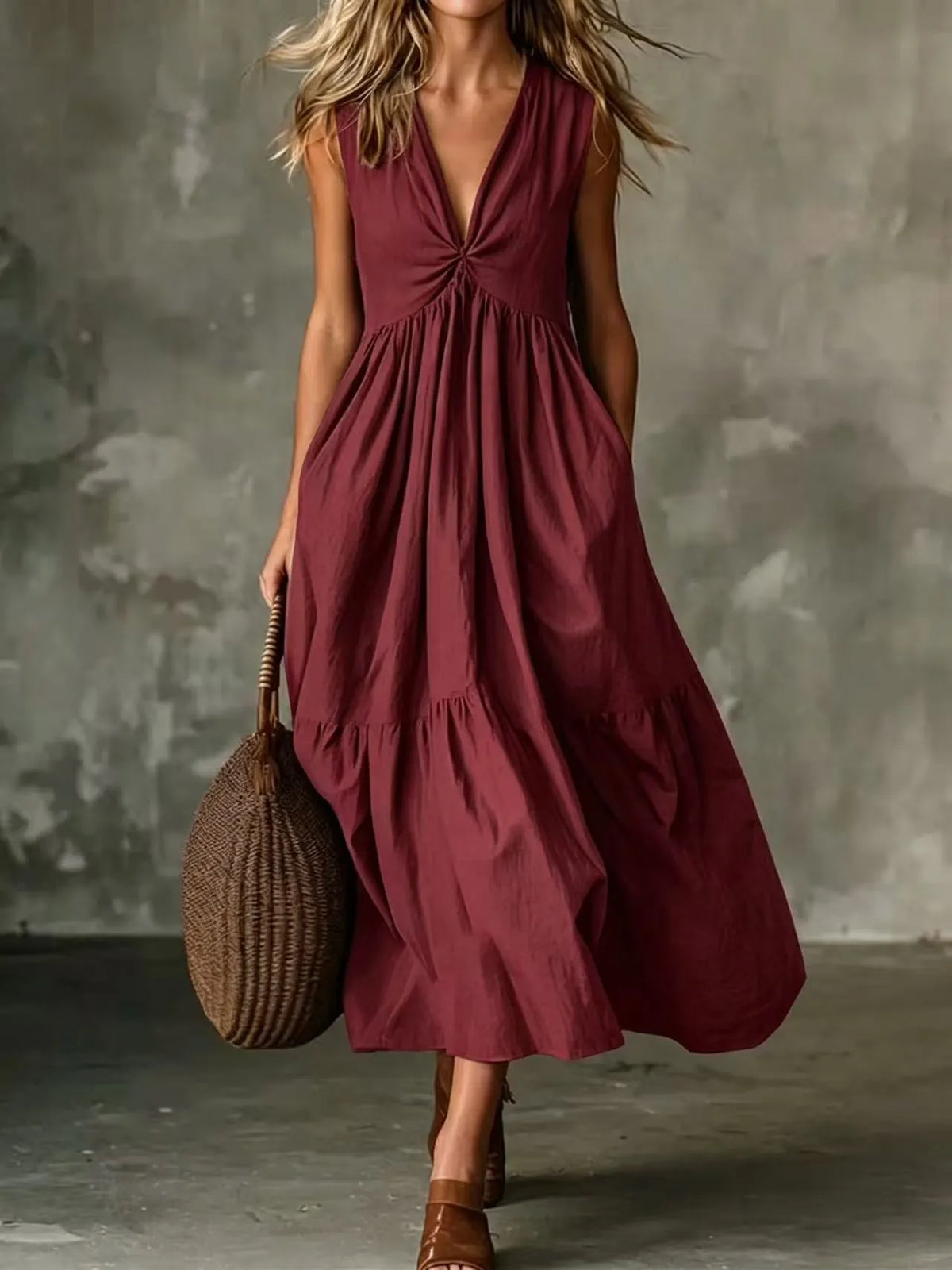 Abito midi donna senza maniche con scollo a V e tasche