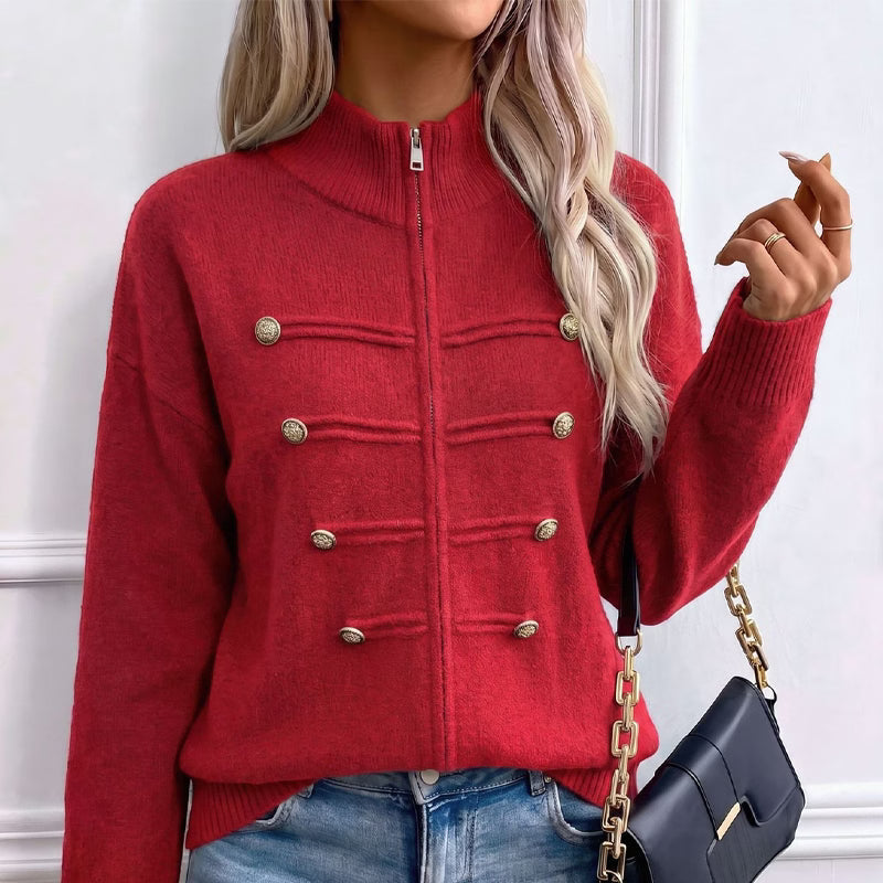 Cardigan donna in maglia con collo alto, zip e bottoni decorativi
