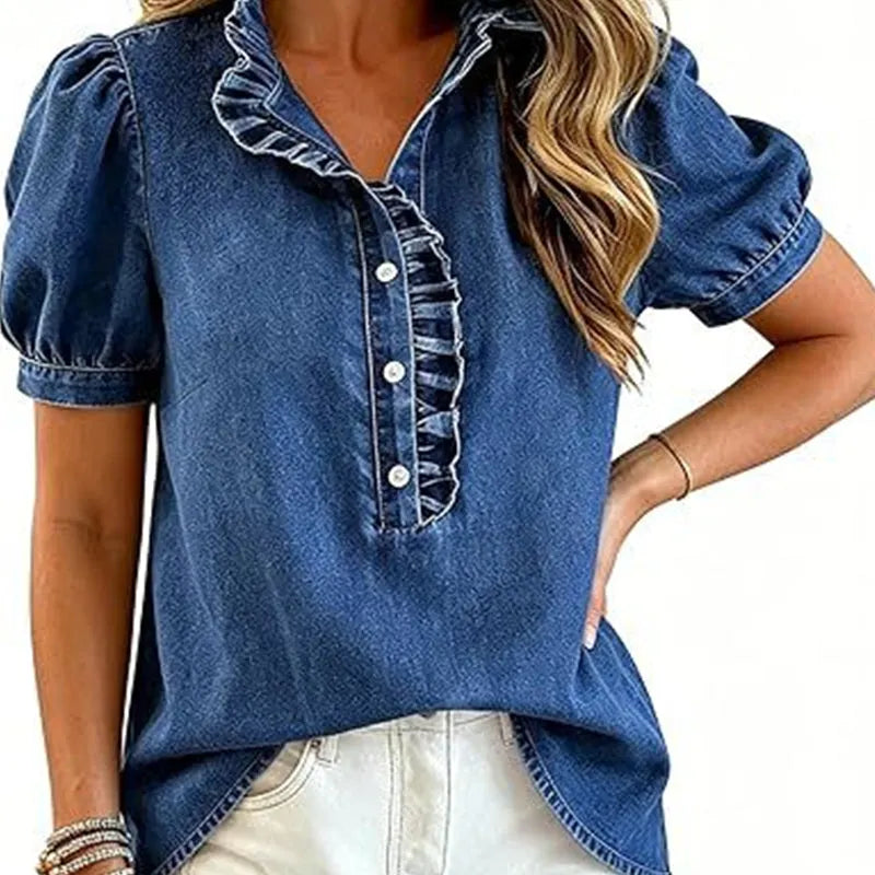 Top donna in denim con volant e maniche a sbuffo