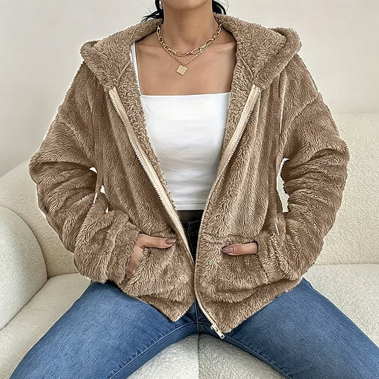 Giacca donna effetto teddy con cappuccio e zip frontale