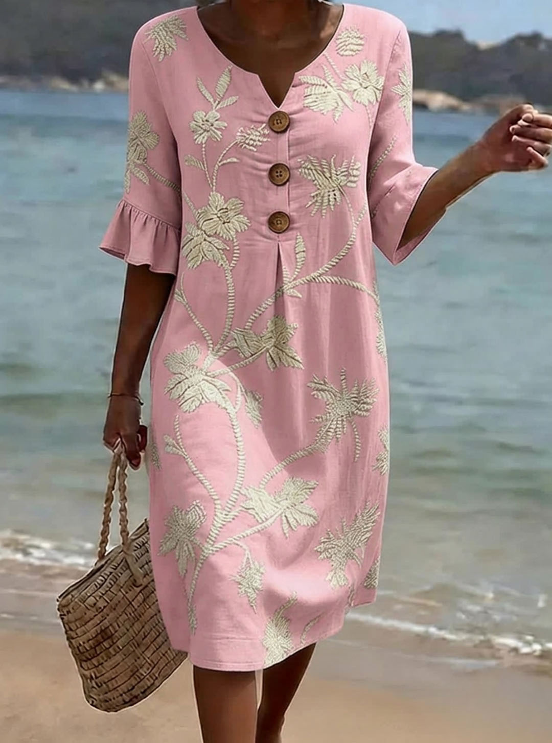 Abito donna in cotone floreale con maniche 3/4