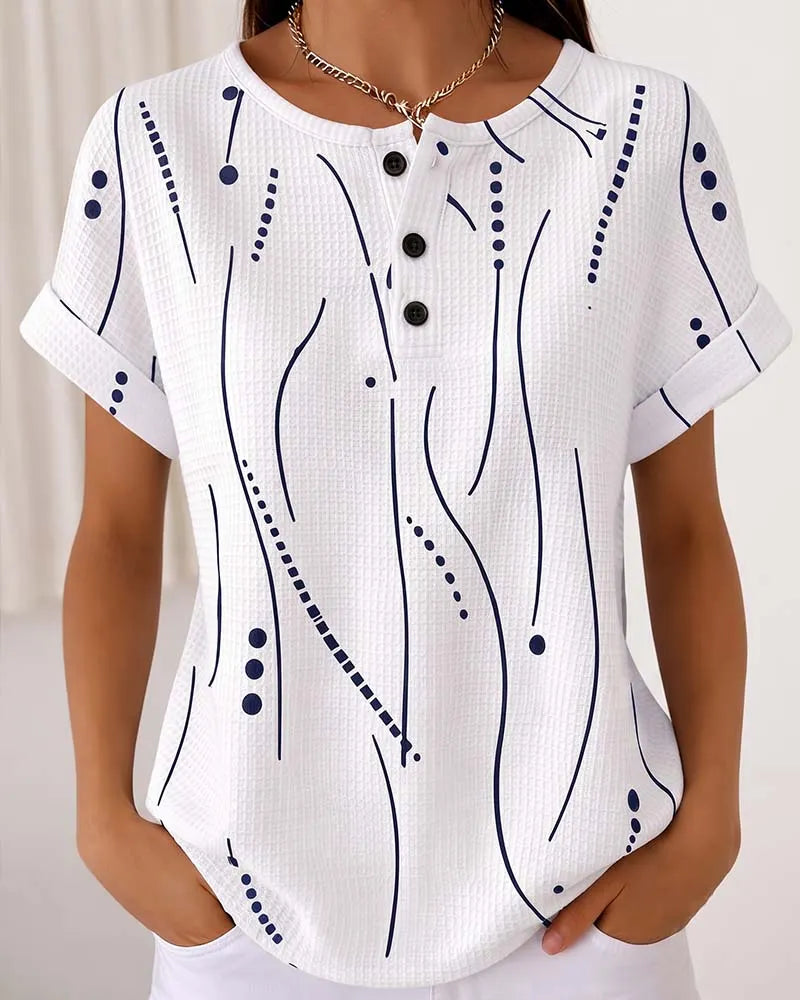 T-shirt donna rosa con bottoni e stampa grafica