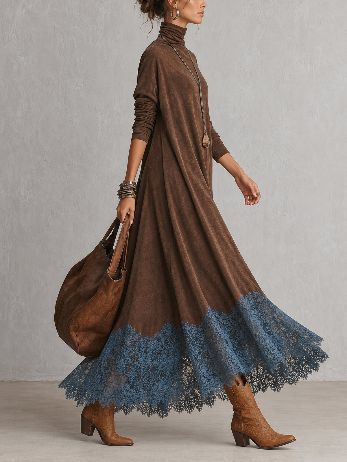 Abito maxi donna effetto suede con collo alto e bordo in pizzo