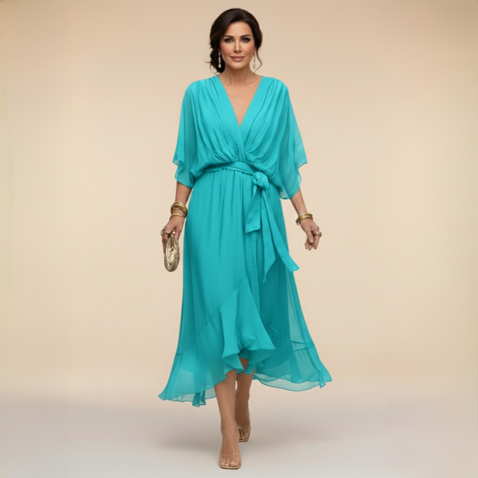 Abito midi da donna elegante in chiffon con scollo a V