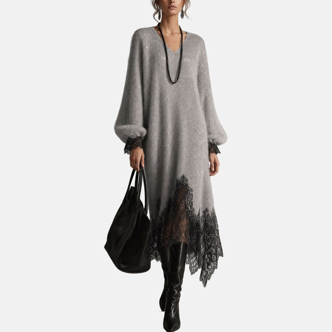 Abito midi donna in maglia glitter con pizzo e scollo a V