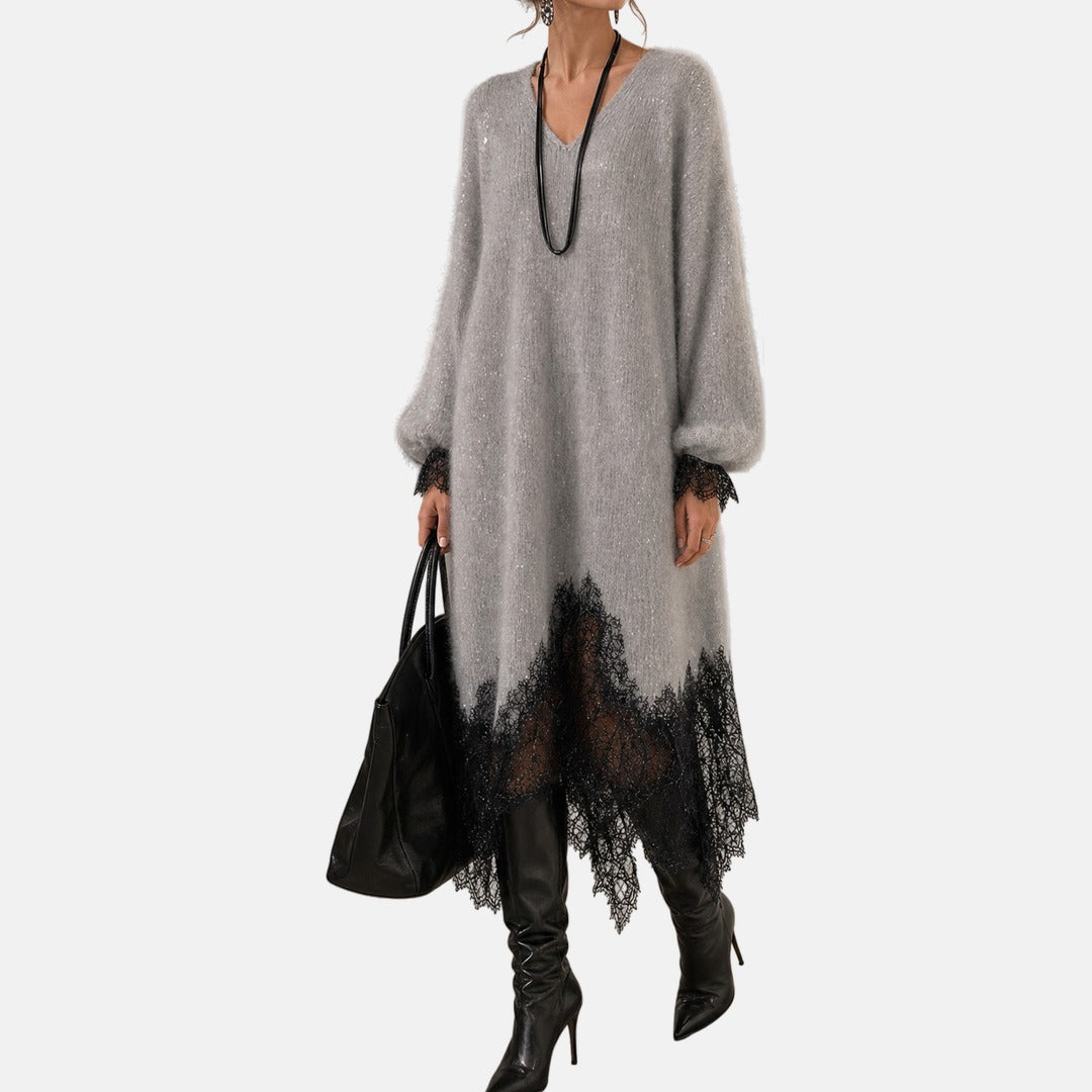 Abito midi donna in maglia glitter con pizzo e scollo a V