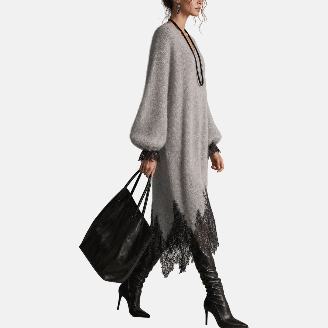 Abito midi donna in maglia glitter con pizzo e scollo a V
