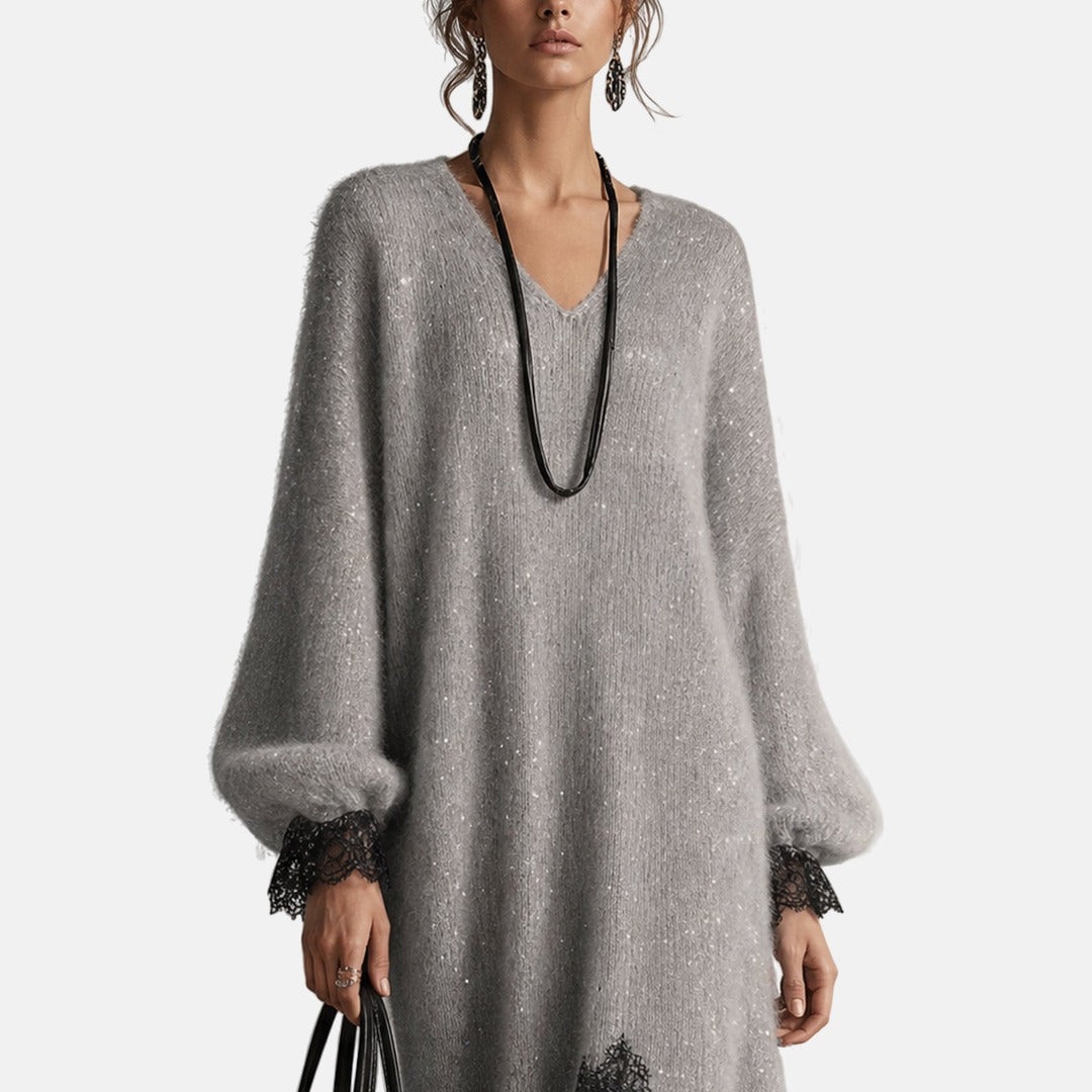 Abito midi donna in maglia glitter con pizzo e scollo a V