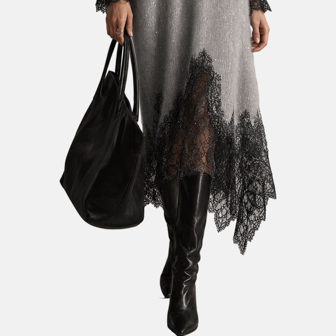Abito midi donna in maglia glitter con pizzo e scollo a V